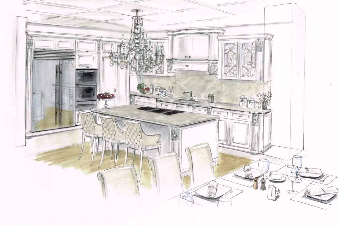 Elegante Classic Küche handgefertigt mit Insel und Pilastern Kundenprojekt Planzeichnung